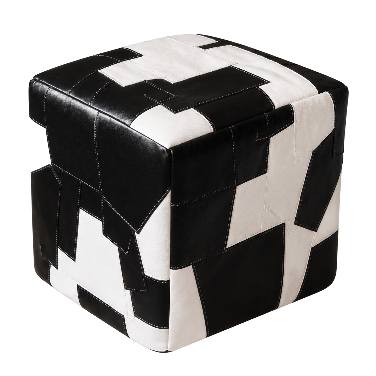 Black and ivory genuine leather patchwork cube ottoman on transparent background
