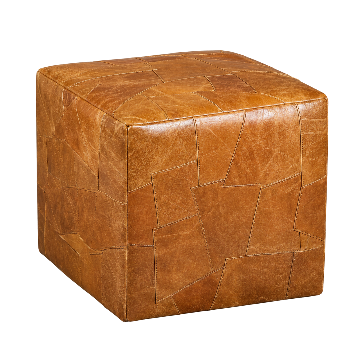 Honey brown genuine leather patchwork cube ottoman on transparent background