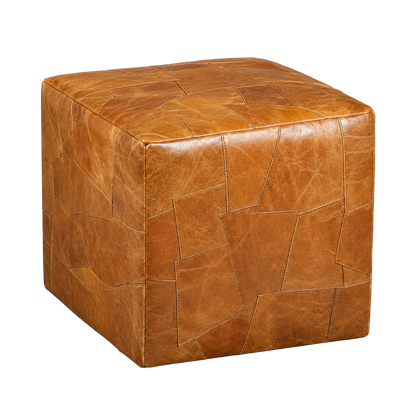 Honey brown genuine leather patchwork cube ottoman on transparent background