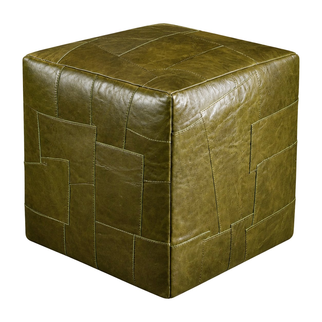 Olive green genuine leather patchwork cube ottoman on transparent background