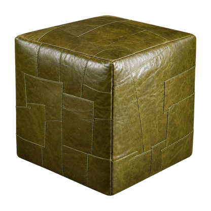 Olive green genuine leather patchwork cube ottoman on transparent background
