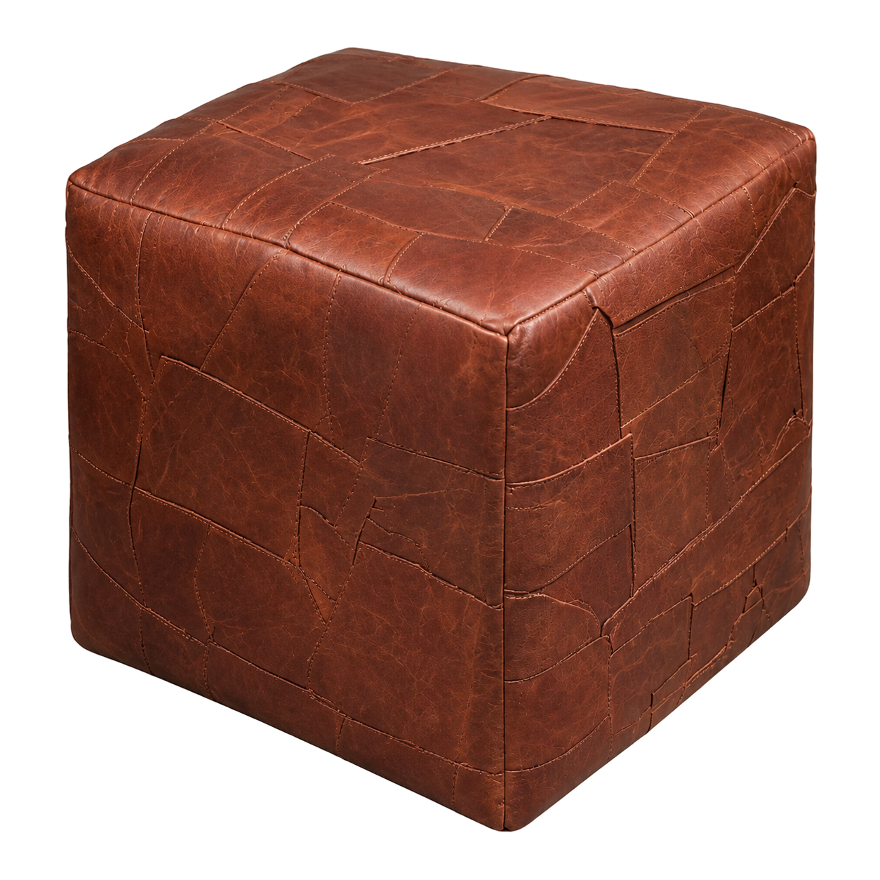 Brick brown genuine leather patchwork cube ottoman on transparent background