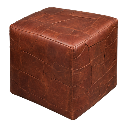 Brick brown genuine leather patchwork cube ottoman on transparent background