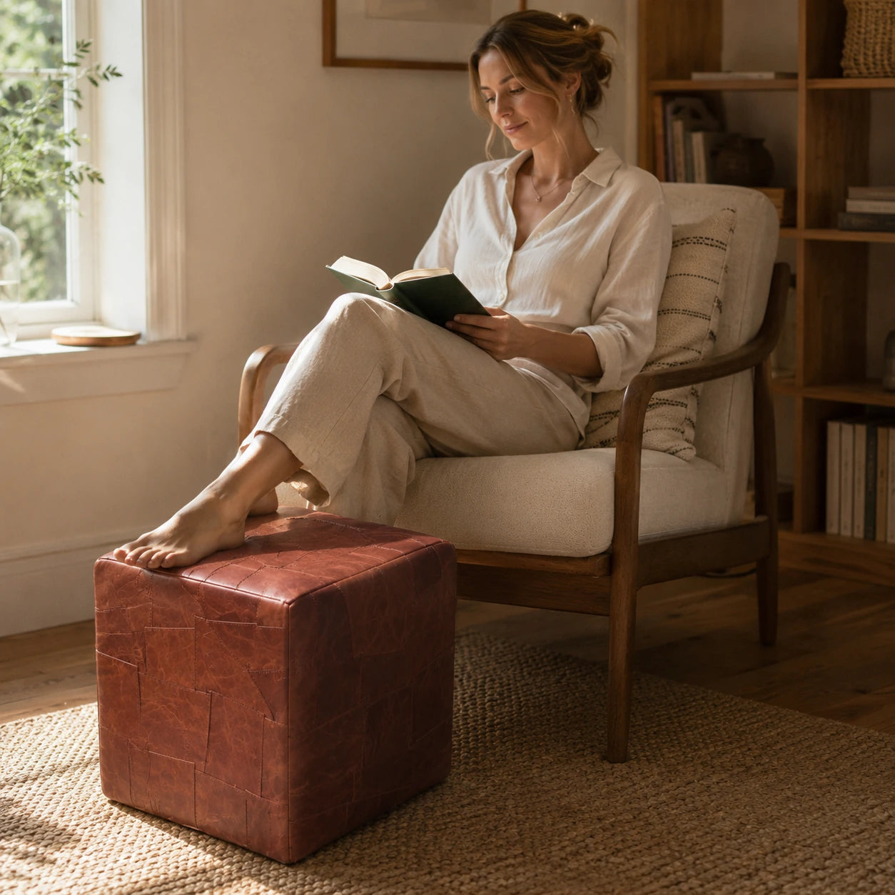 Woman over 35 using a brick brown leather cube ottoman as a footrest