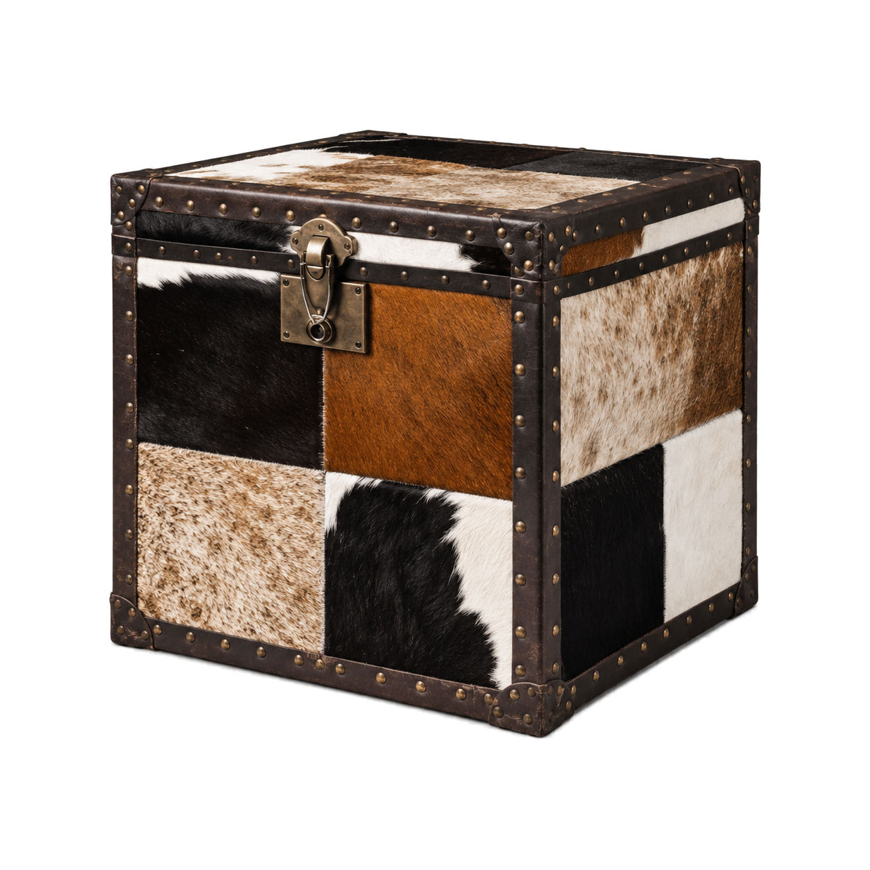 Capricornus Living Warm Tricolor Patchwork genuine hair-on cowhide storage trunk on a transparent background