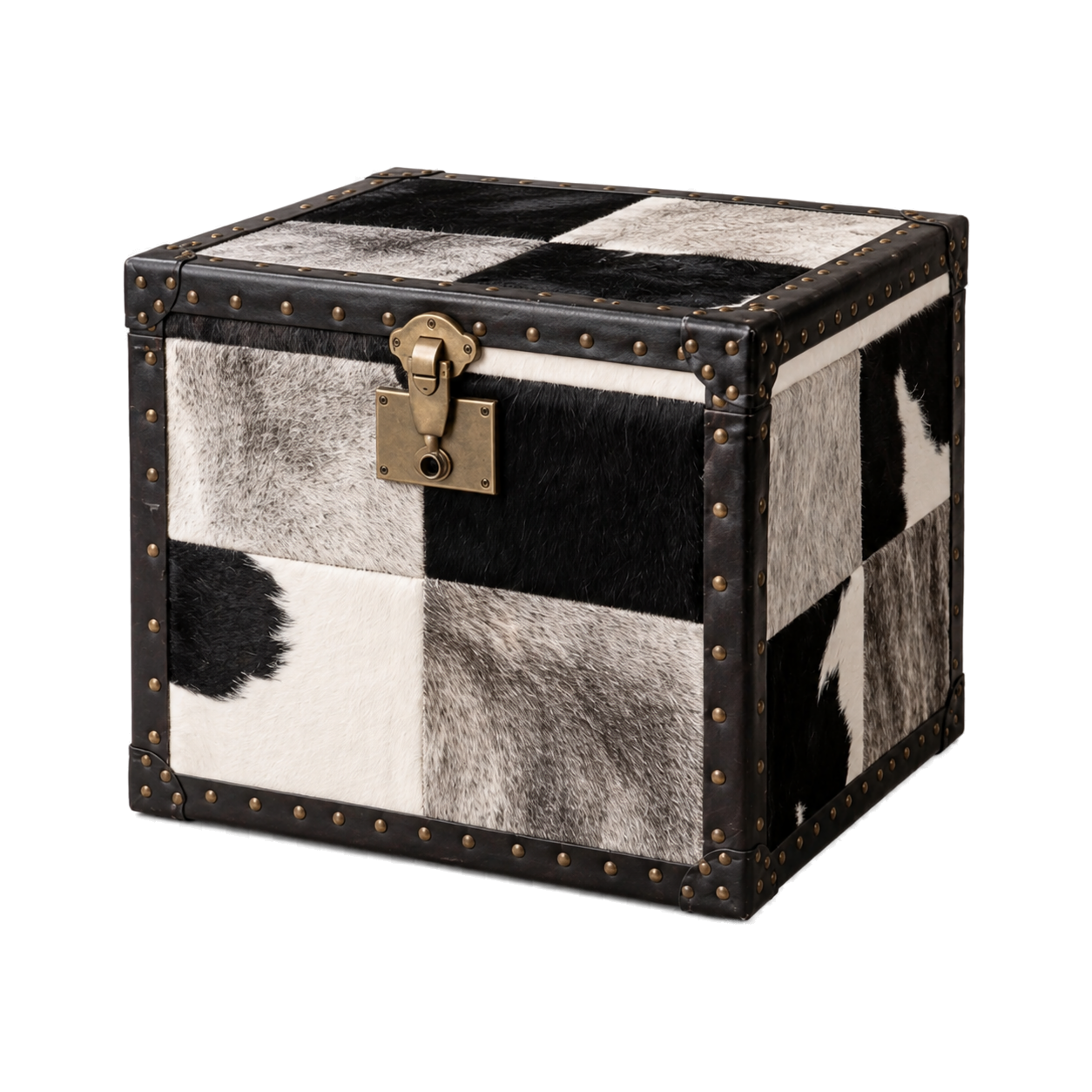 Capricornus Living Black and Ivory Patchwork genuine hair-on cowhide storage trunk on a transparent background