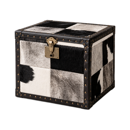Capricornus Living Black and Ivory Patchwork genuine hair-on cowhide storage trunk on a transparent background
