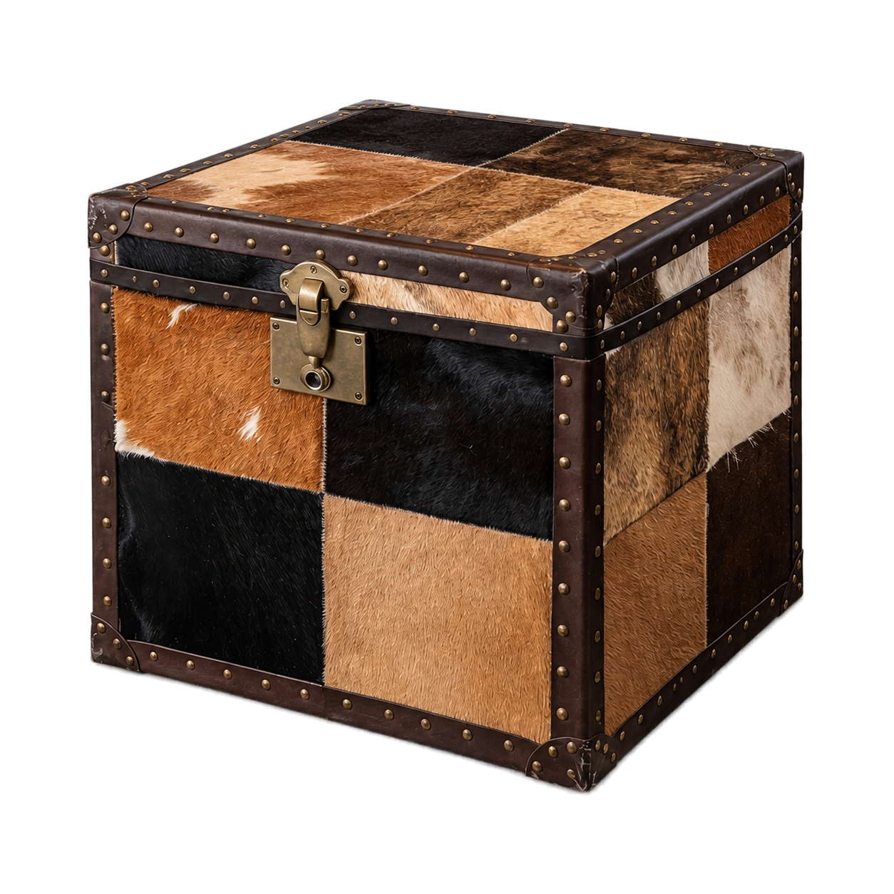 Capricornus Living Mocha Brown and Black Patchwork genuine hair-on cowhide storage trunk on a transparent background
