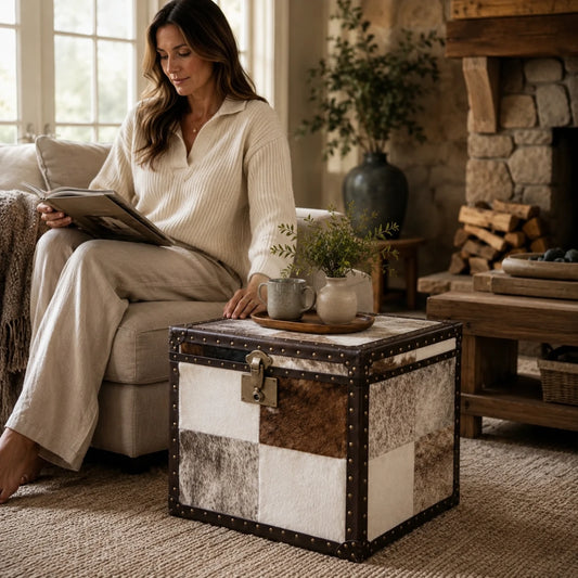 Capricornus Living Black and Ivory cowhide storage trunk shown at scale beside a reading chair