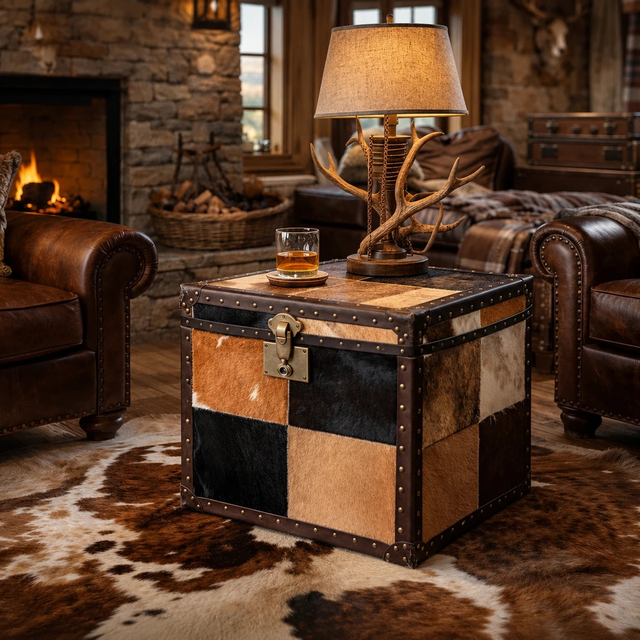 Capricornus Living Mocha Brown and Black cowhide storage trunk styled in a rustic den
