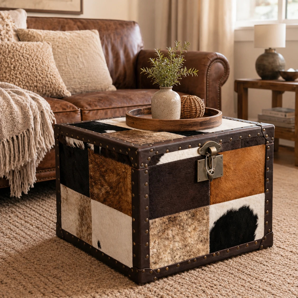 Capricornus Living Warm Tricolor cowhide storage trunk styled beside a leather sofa