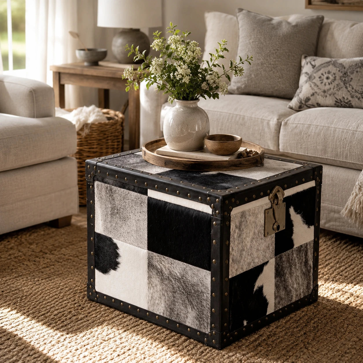 Capricornus Living Black and Ivory cowhide storage trunk styled in a neutral living room