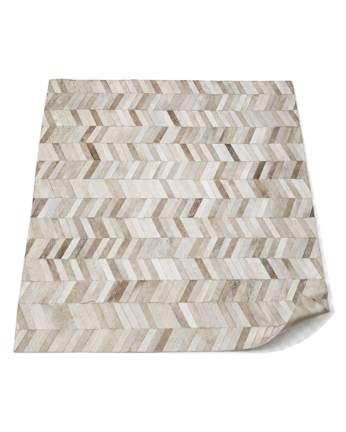 Capricornus Living Herringbone Beige genuine cowhide patchwork rug angled on a transparent background