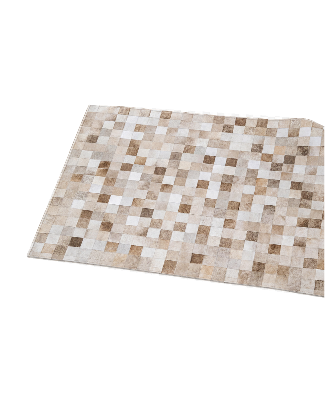 Capricornus Living Checkerboard Beige genuine cowhide patchwork rug angled on a transparent background