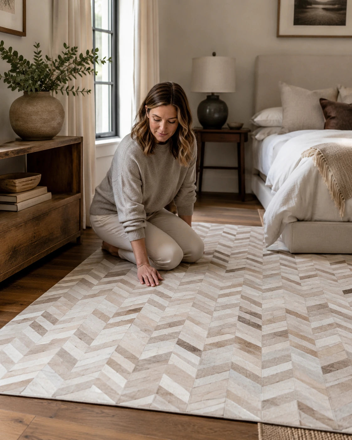 Capricornus Living Herringbone Beige genuine cowhide rug beside a bed
