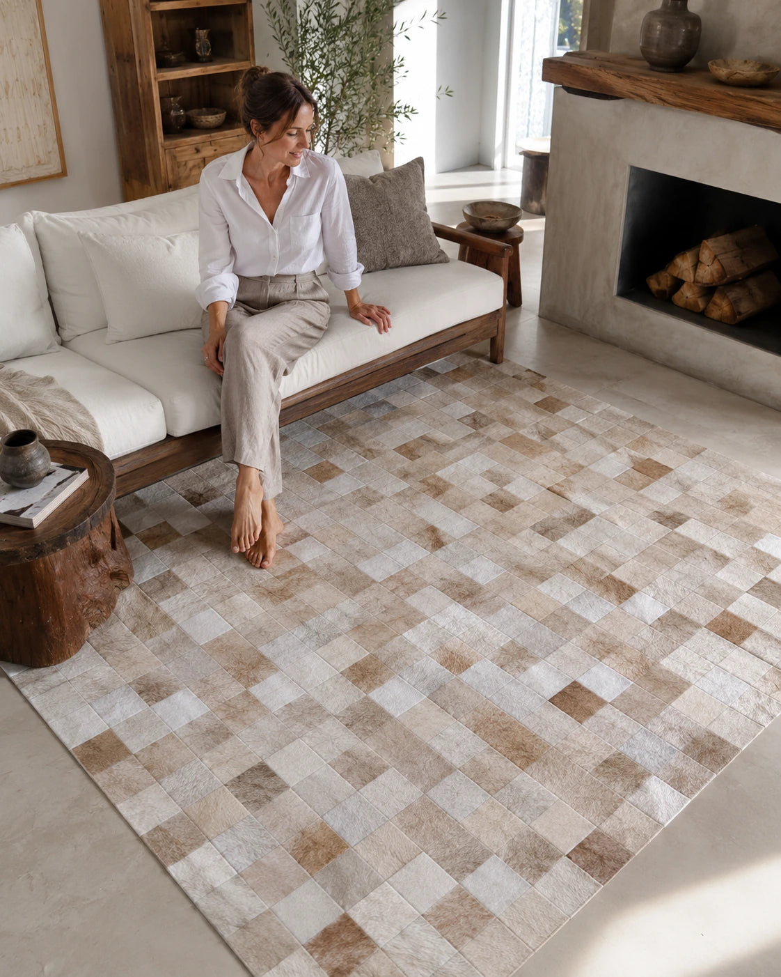 Capricornus Living Checkerboard Beige genuine cowhide rug in a sofa and reading area