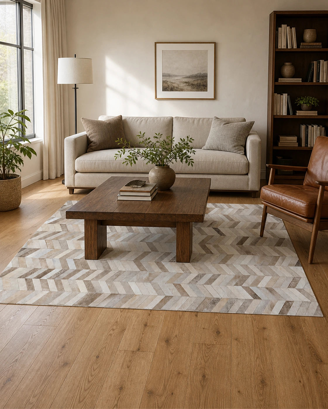 Capricornus Living Herringbone Beige genuine cowhide rug in an American reading room