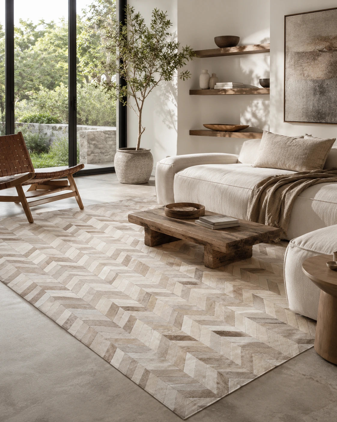 Capricornus Living Herringbone Beige genuine cowhide rug styled in a quiet neutral interior