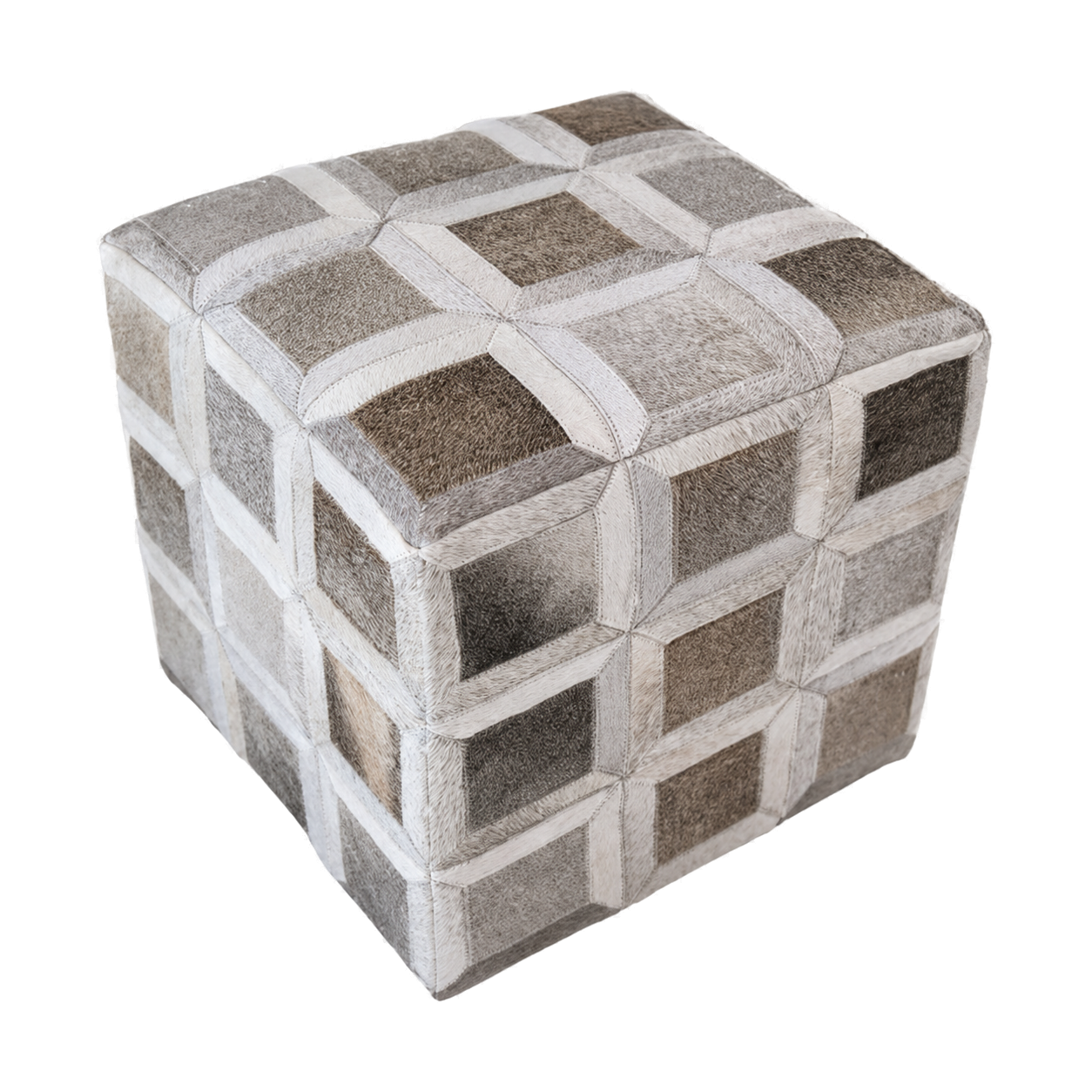 Capricornus Living Silver Gray genuine hair-on cowhide patchwork square ottoman on a transparent background