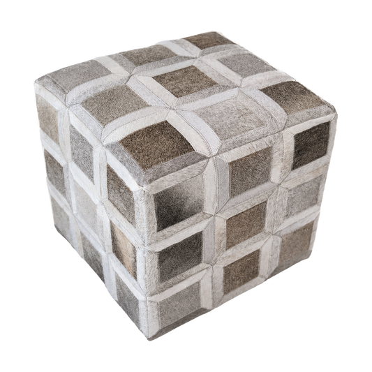 Capricornus Living Silver Gray genuine hair-on cowhide patchwork square ottoman on a transparent background