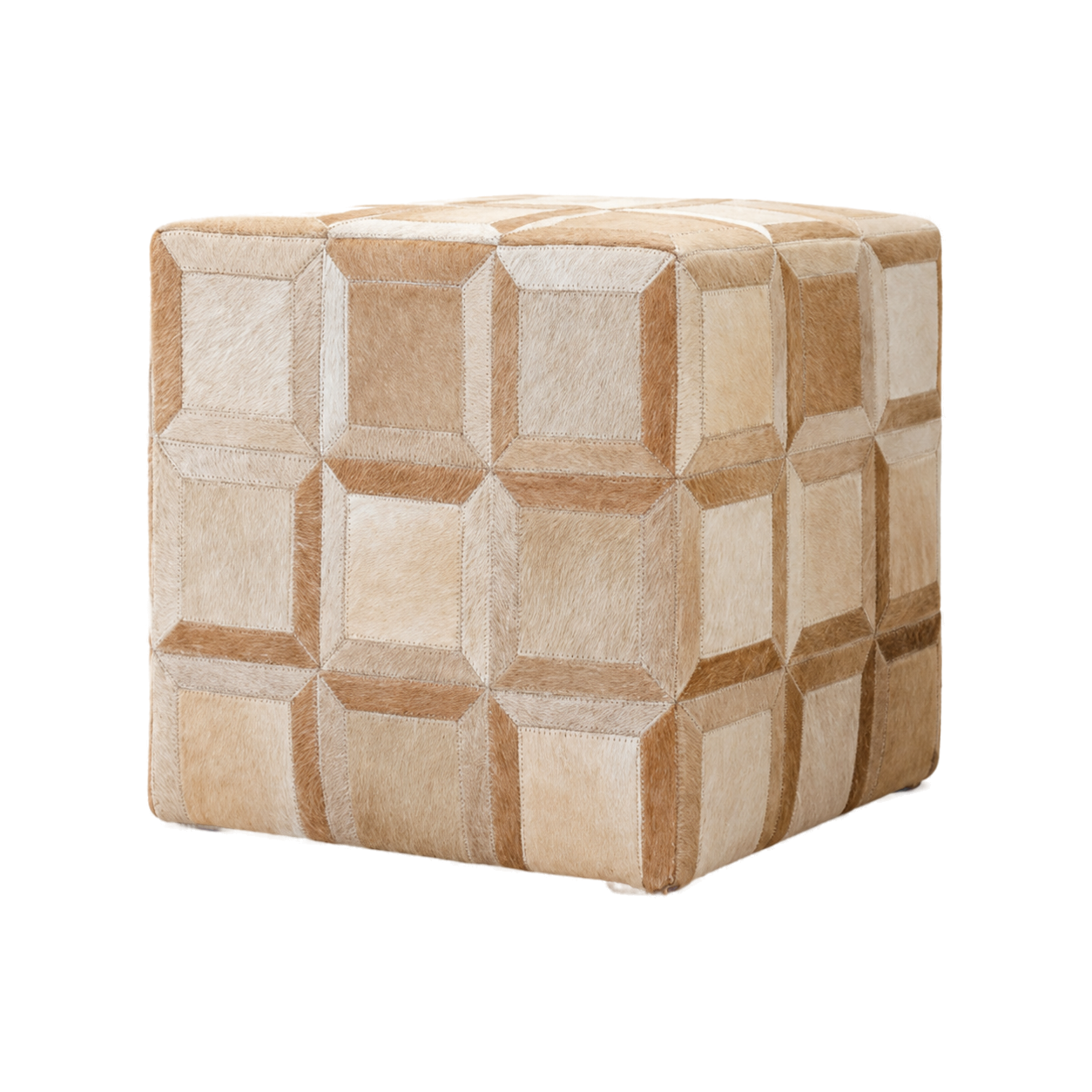 Capricornus Living Natural Apricot genuine hair-on cowhide patchwork square ottoman on a transparent background