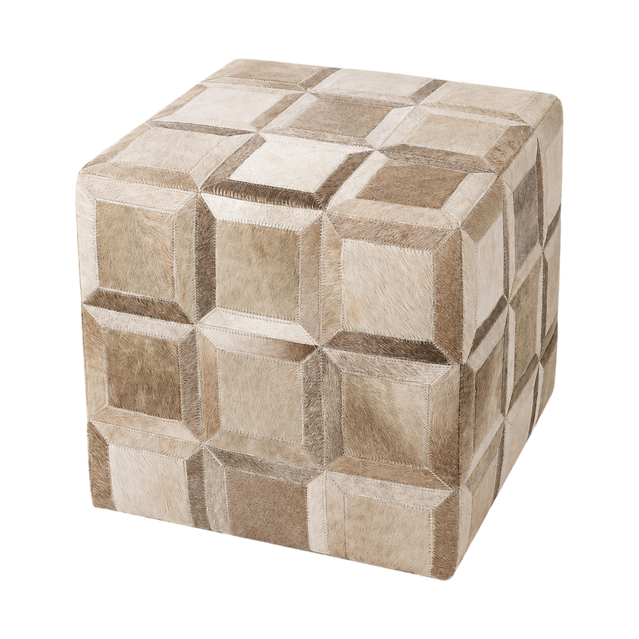 Capricornus Living Apricot Brown genuine hair-on cowhide patchwork square ottoman on a transparent background