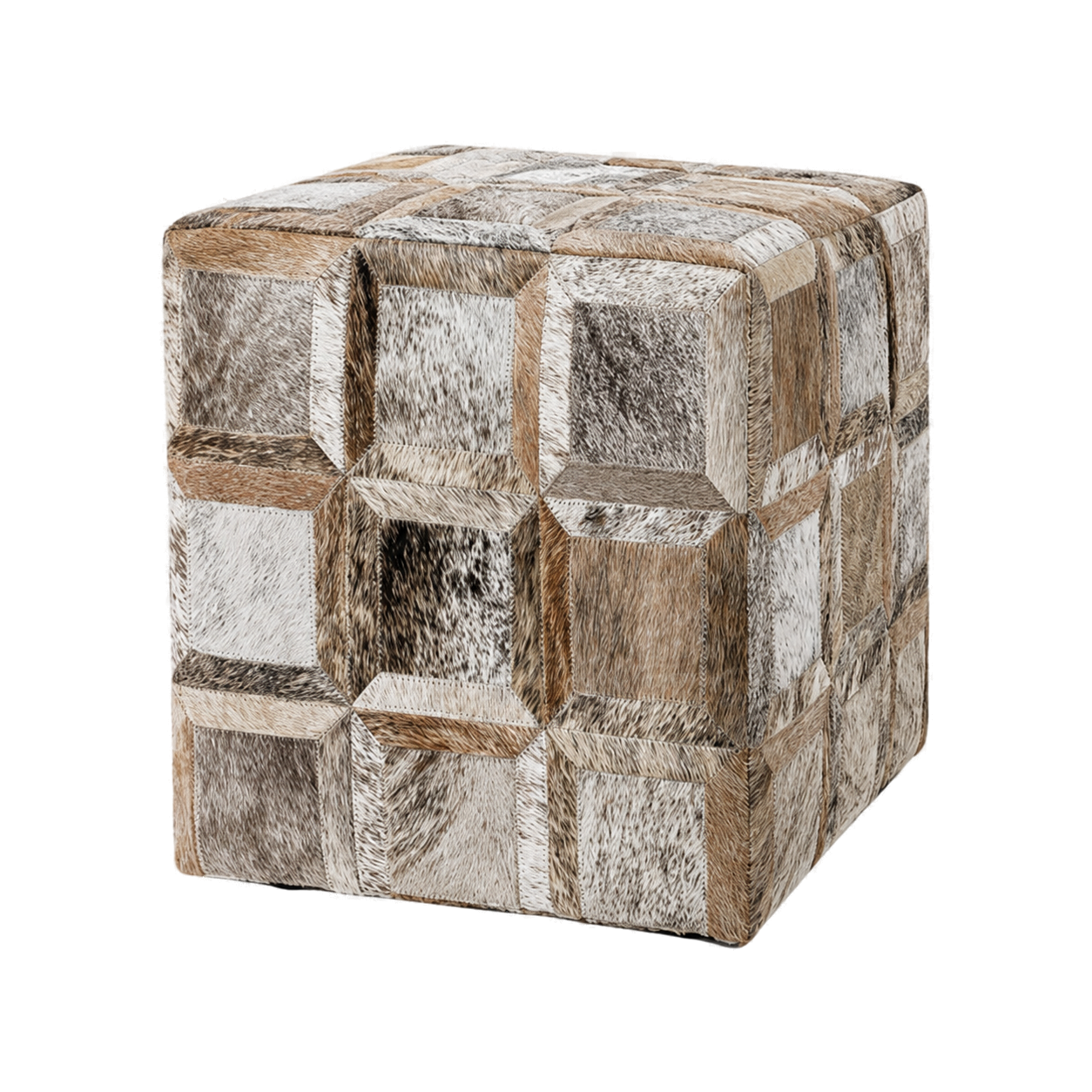 Capricornus Living Brindle Patchwork genuine hair-on cowhide square ottoman on a transparent background
