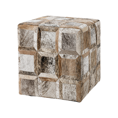 Capricornus Living Brindle Patchwork genuine hair-on cowhide square ottoman on a transparent background