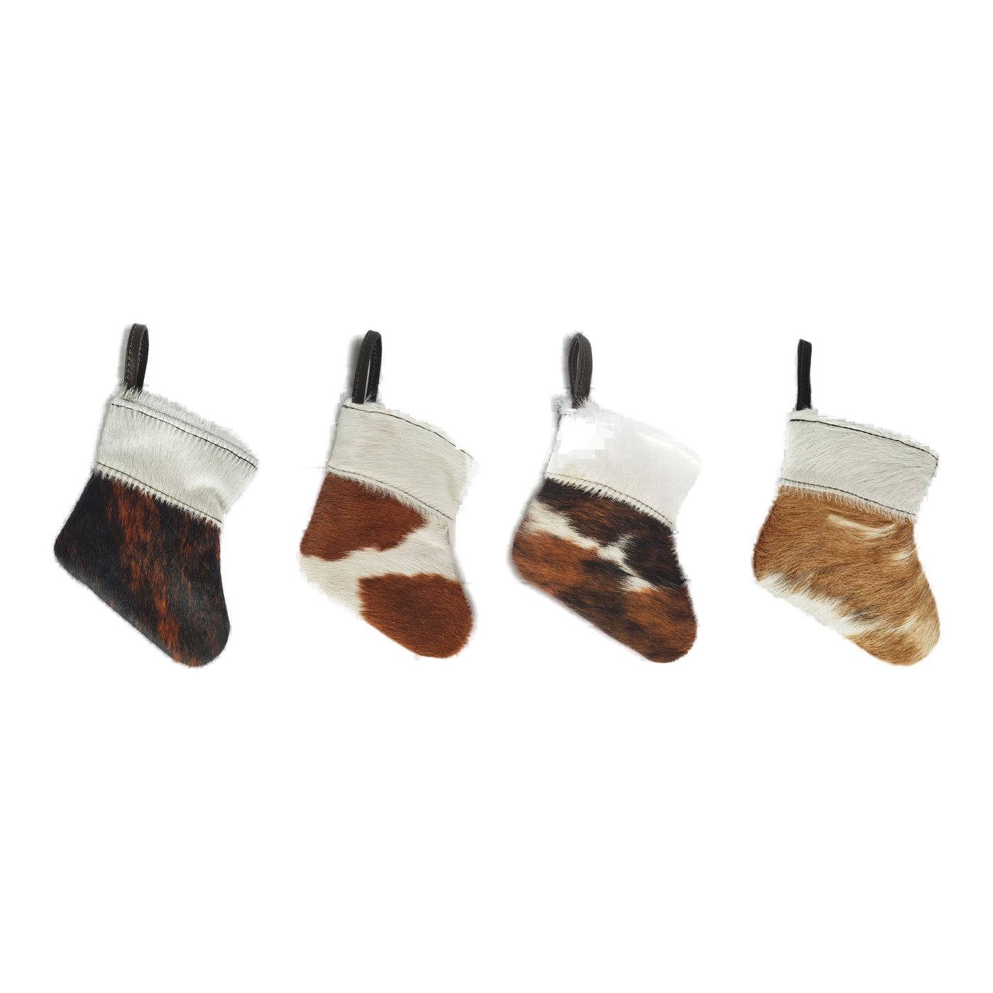 Capricornus Living Four-piece genuine hair-on cowhide mini holiday stocking ornament set on a transparent background