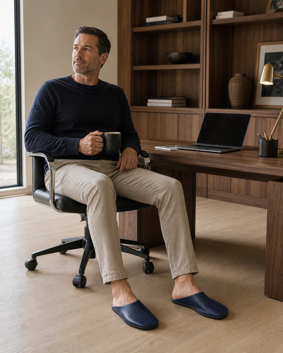 Capricornus Living Deep Navy leather house slippers worn by a man in a home office
