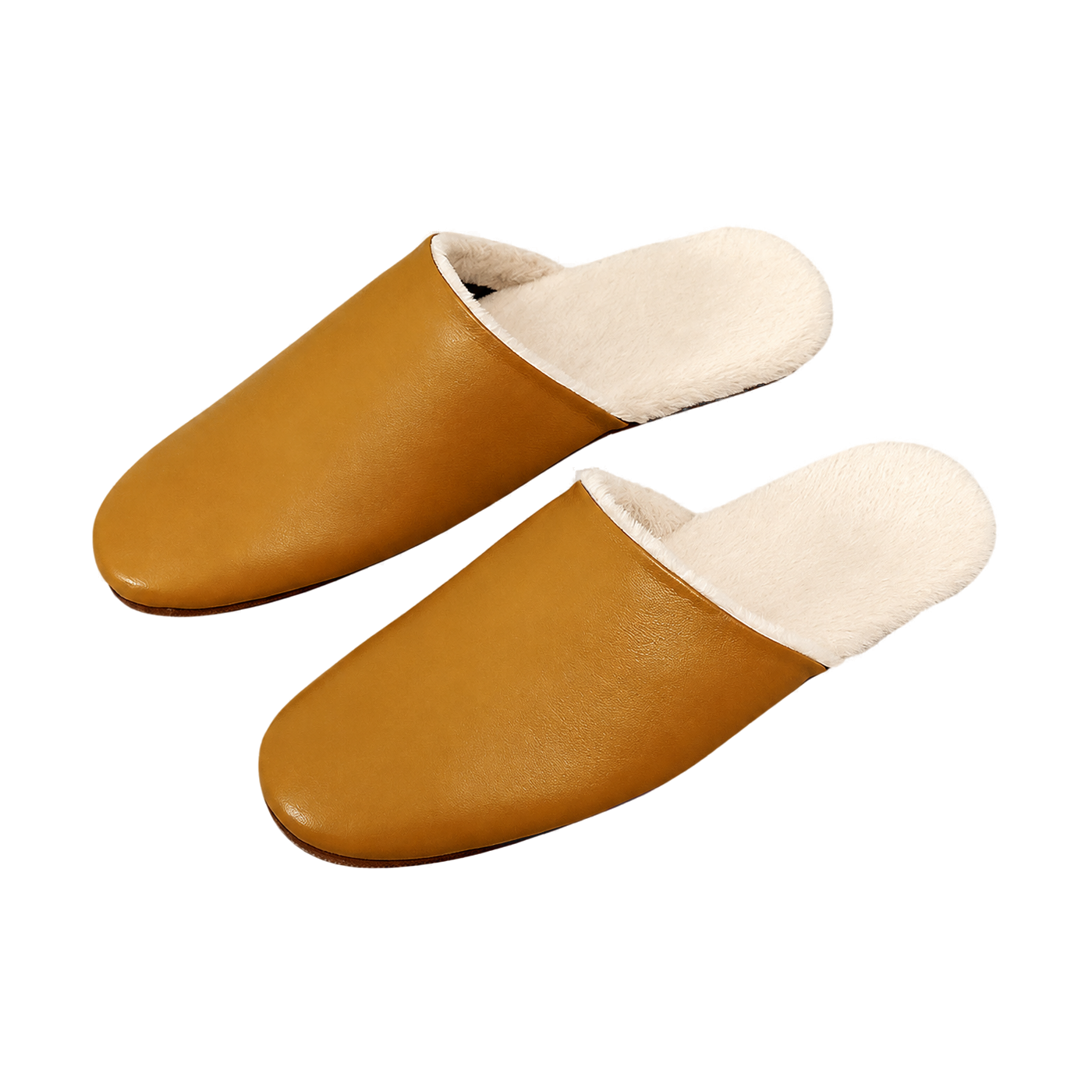 Capricornus Living Cognac genuine lambskin plush-lined house slippers on a transparent background