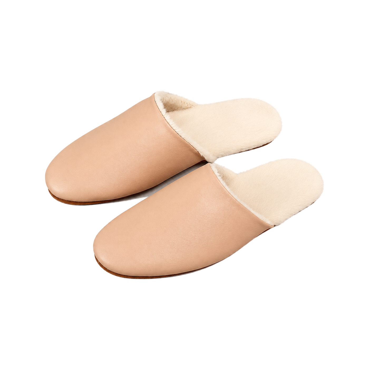 Capricornus Living Blush Beige genuine lambskin plush-lined house slippers on a transparent background