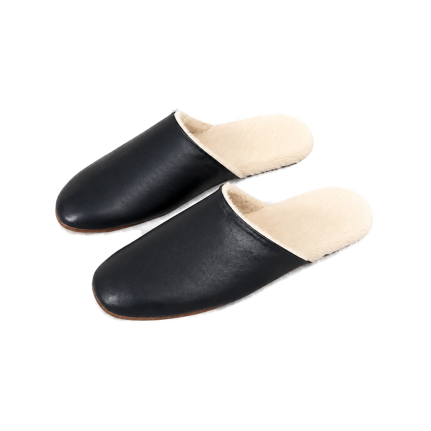 Capricornus Living Black genuine lambskin plush-lined house slippers on a transparent background
