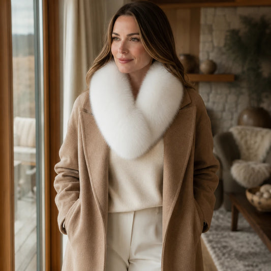 Capricornus Living Winter White reversible genuine fur collar worn with a camel wool coat