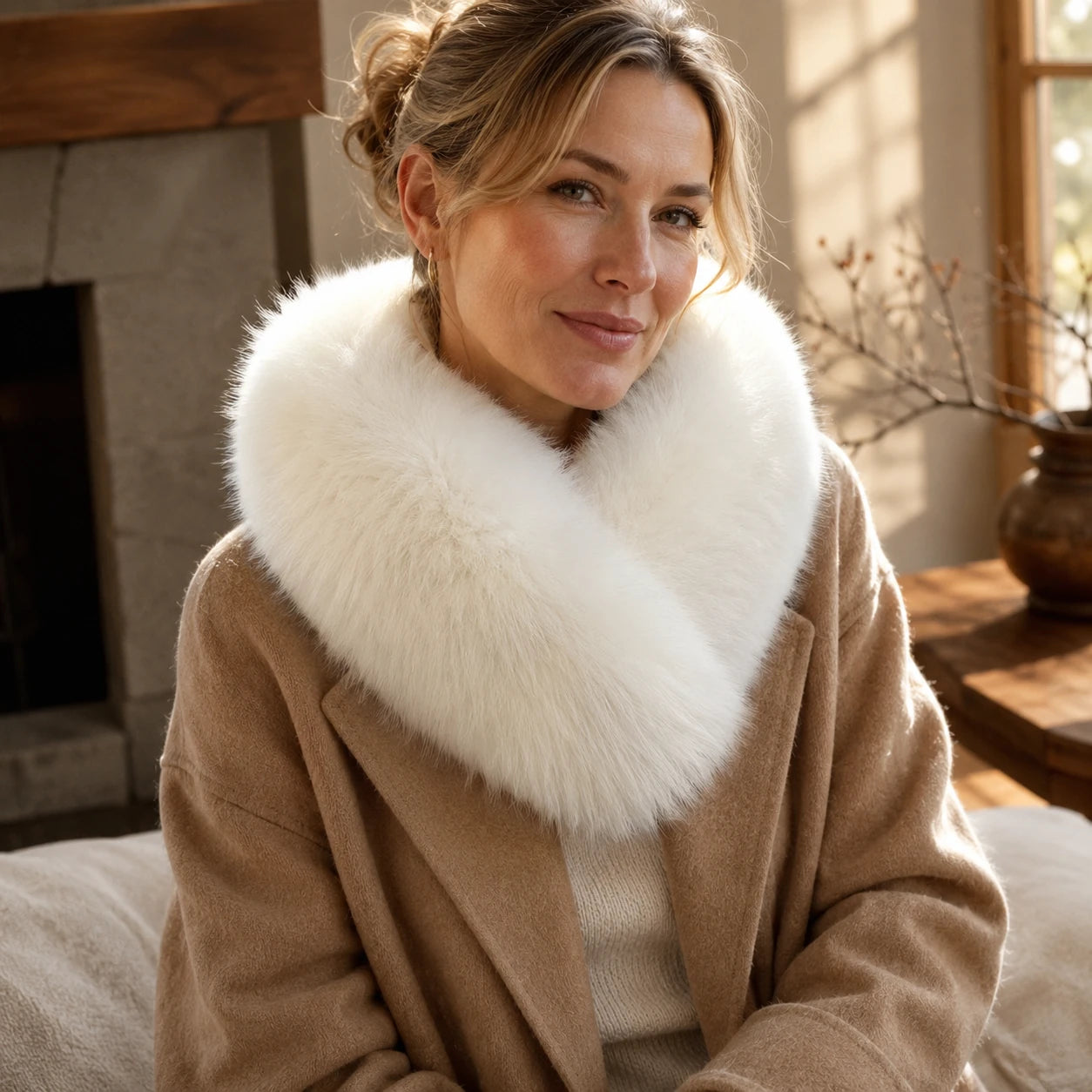 Capricornus Living Winter White reversible genuine fur collar worn beside a fireplace