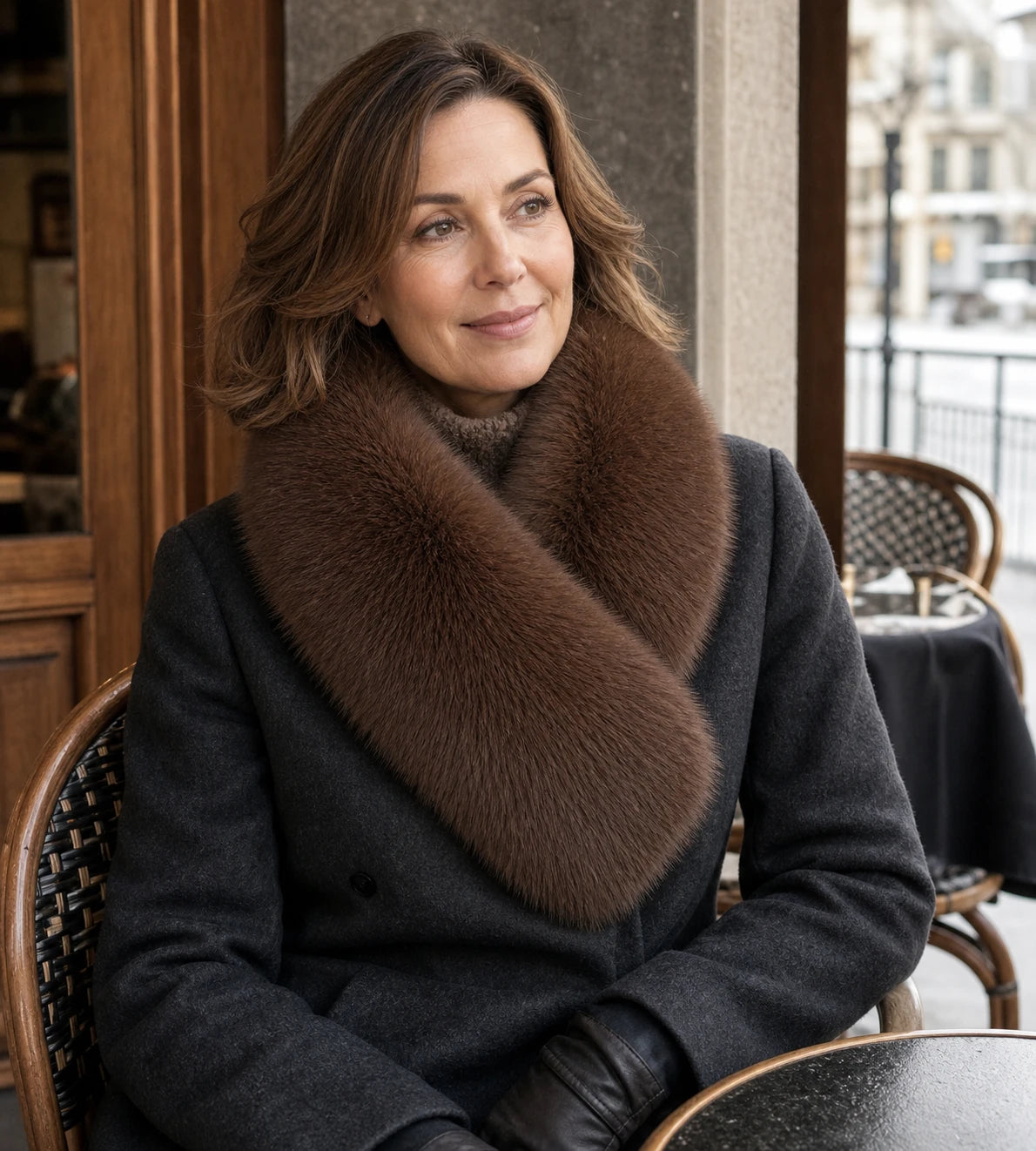 Capricornus Living Chestnut Brown reversible genuine fur collar worn at a winter city cafe