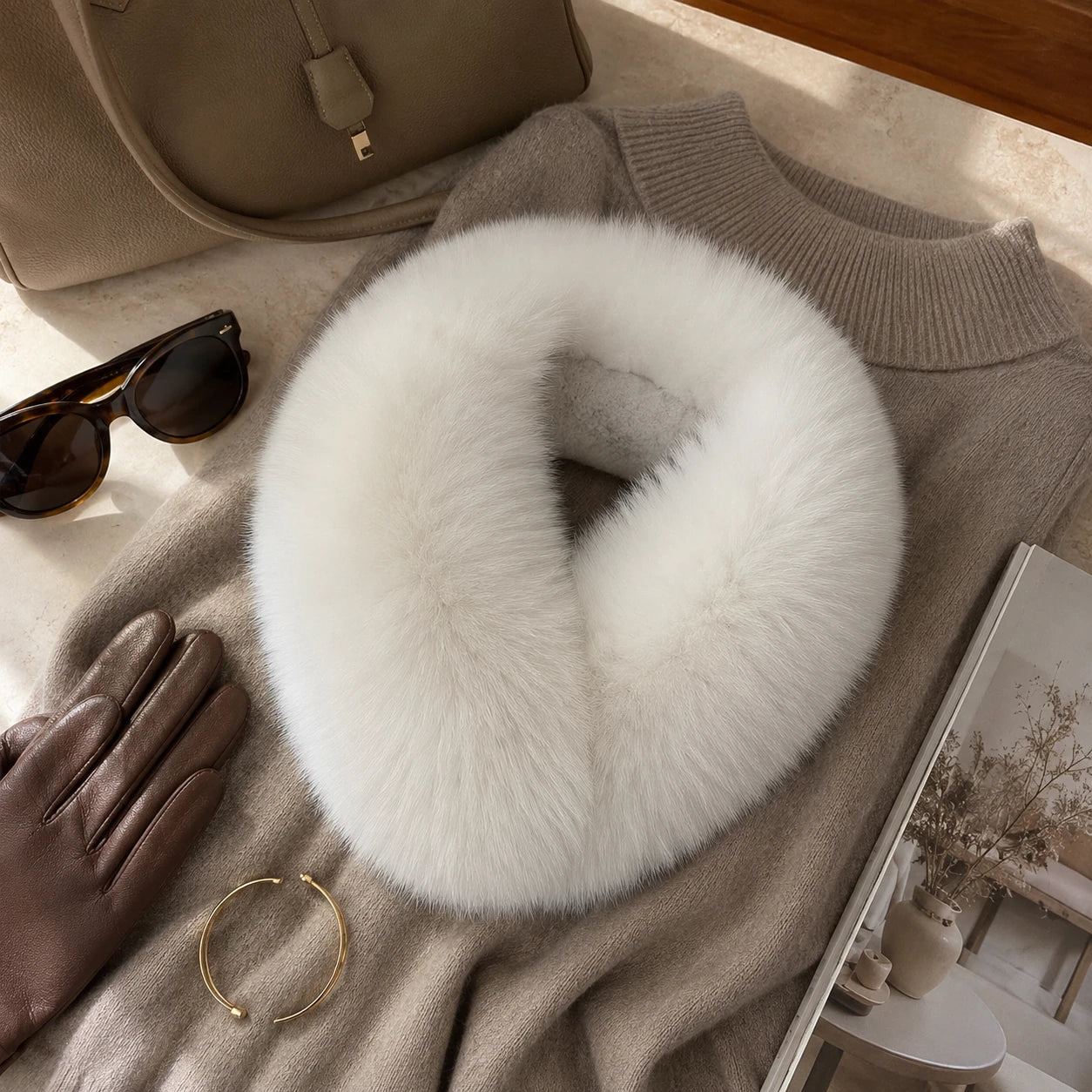 Capricornus Living Winter White reversible genuine fur collar styled with a knit and leather accessories
