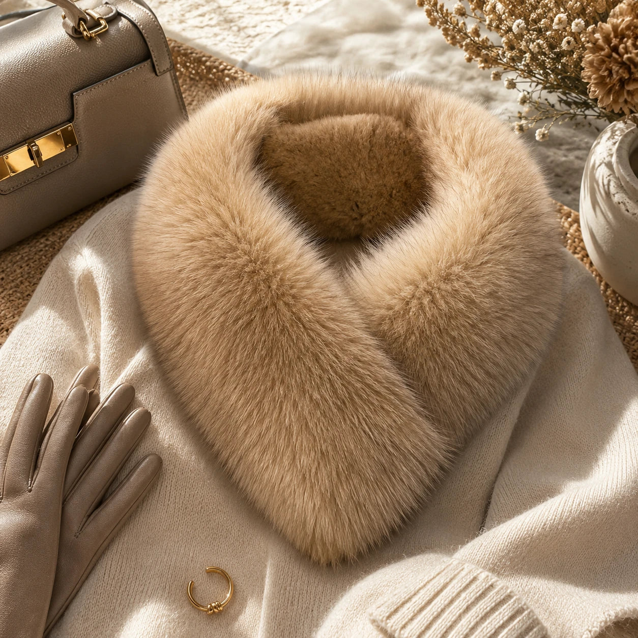 Capricornus Living Light Camel reversible genuine fur collar styled with a coat and leather accessories