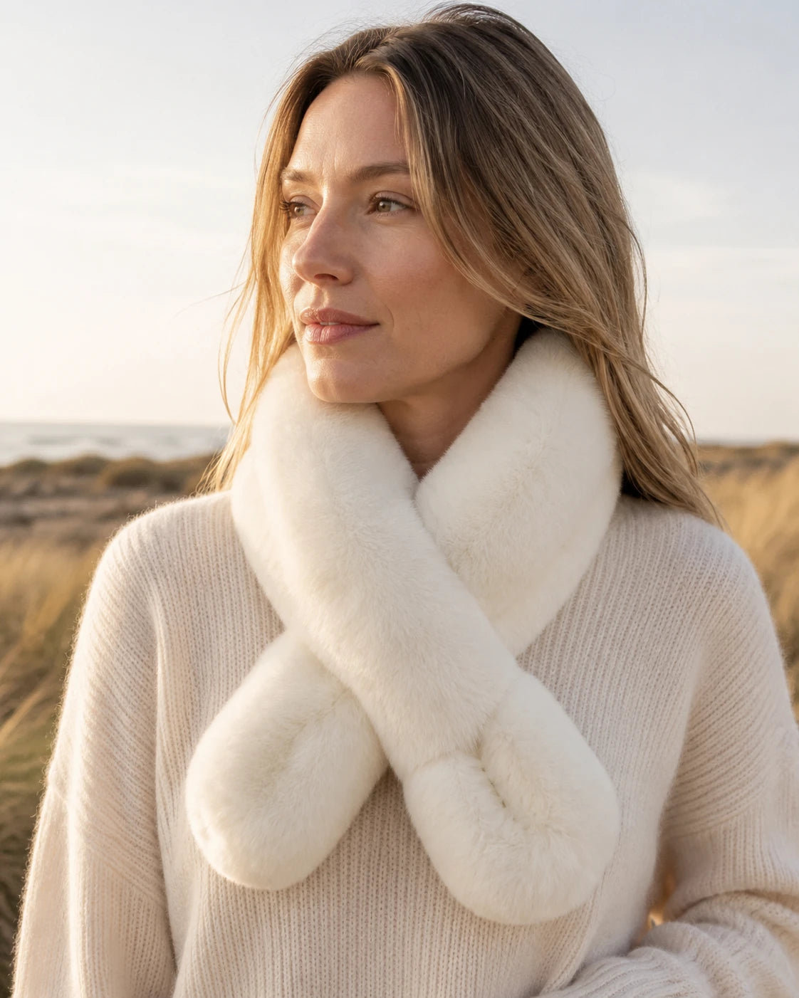 Capricornus Living Ivory genuine Rex rabbit fur crossover scarf worn in a cool coastal setting