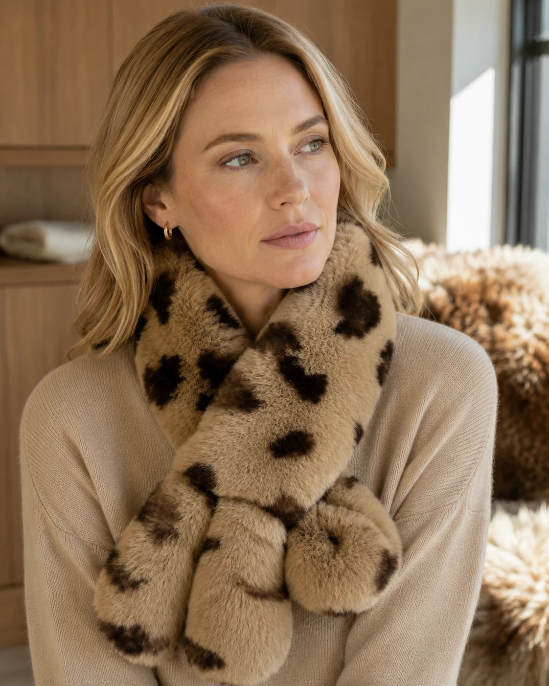 Capricornus Living Leopard genuine Rex rabbit fur crossover scarf worn in a quiet home