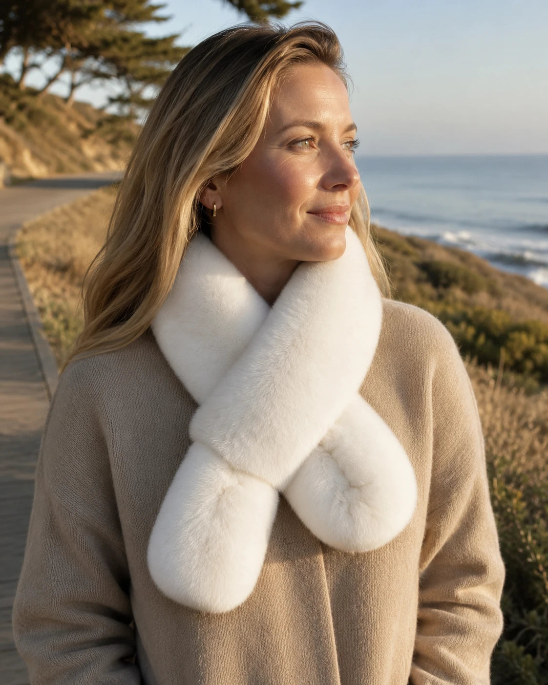 Capricornus Living Snow White genuine Rex rabbit fur crossover scarf worn on a coastal walk
