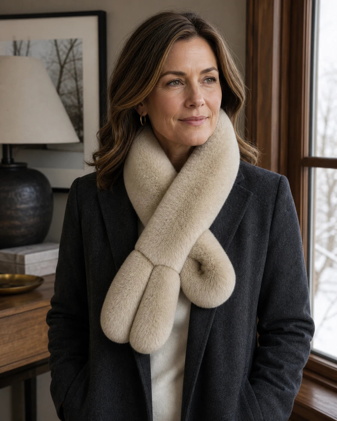 Capricornus Living Mocha genuine Rex rabbit fur crossover scarf worn by a woman in a winter home office
