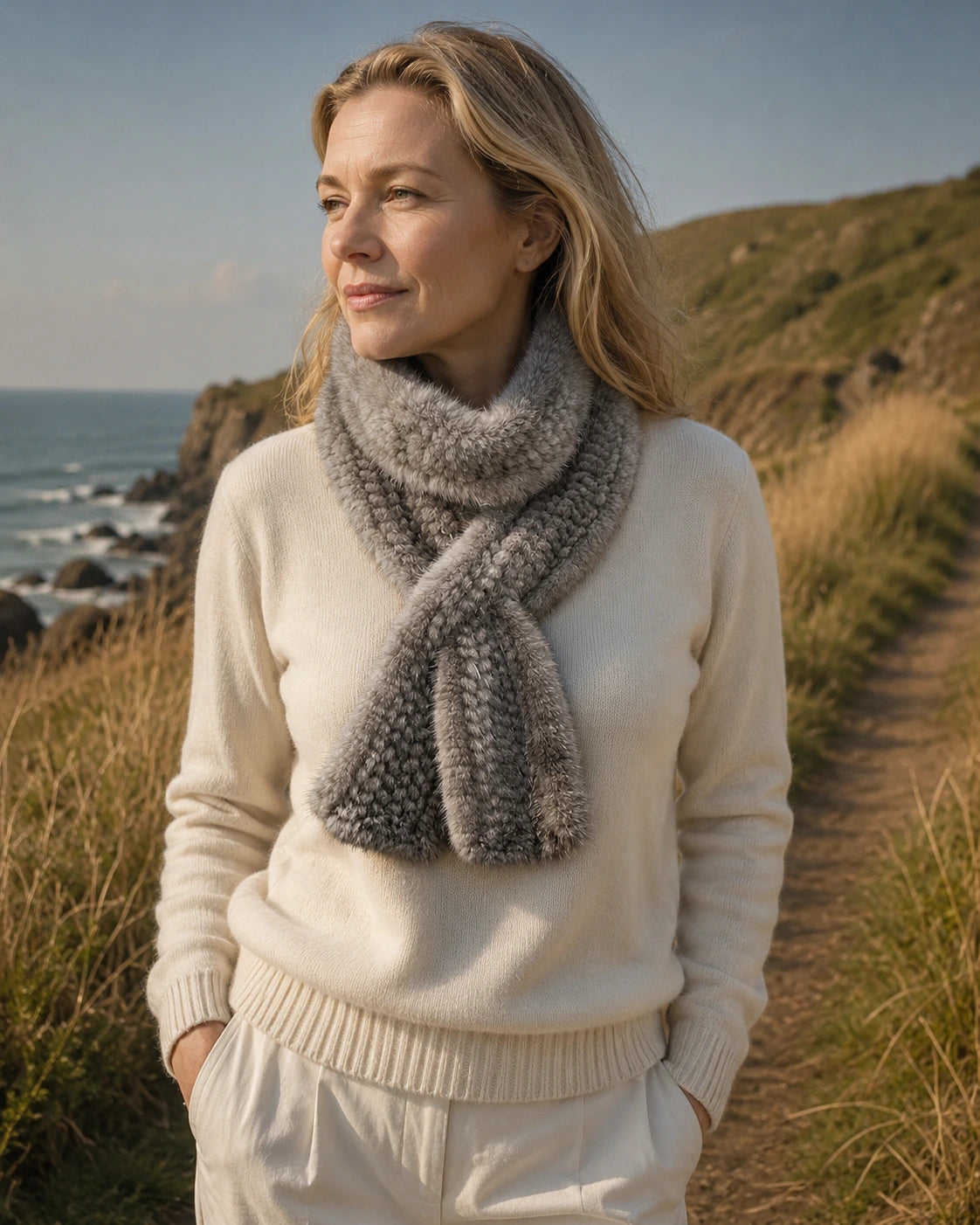 Woman over 35 wearing a silver gray genuine mink fur long scarf on a cool coastal walk