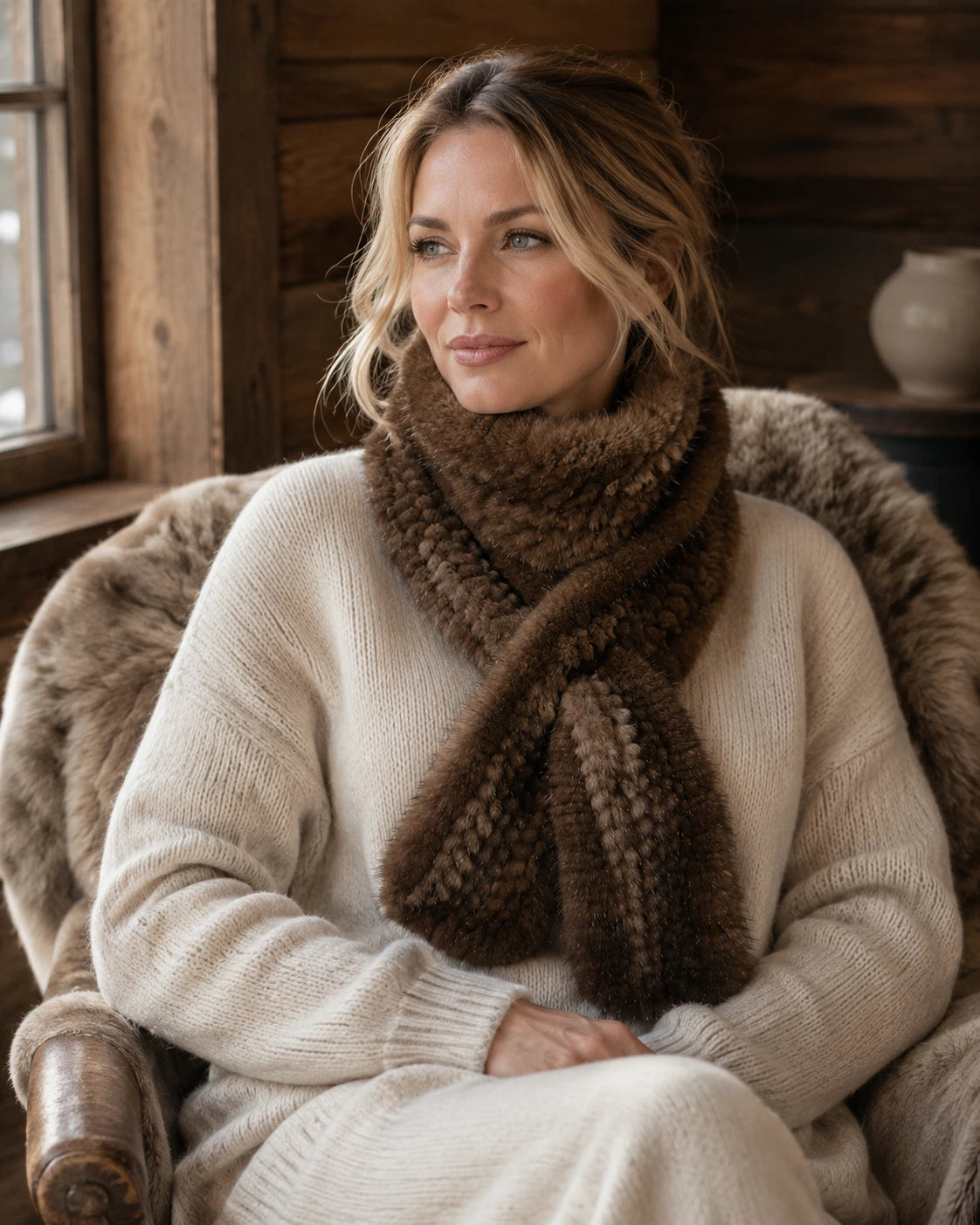Woman over 35 wearing a coffee brown genuine mink fur long scarf in a reading chair
