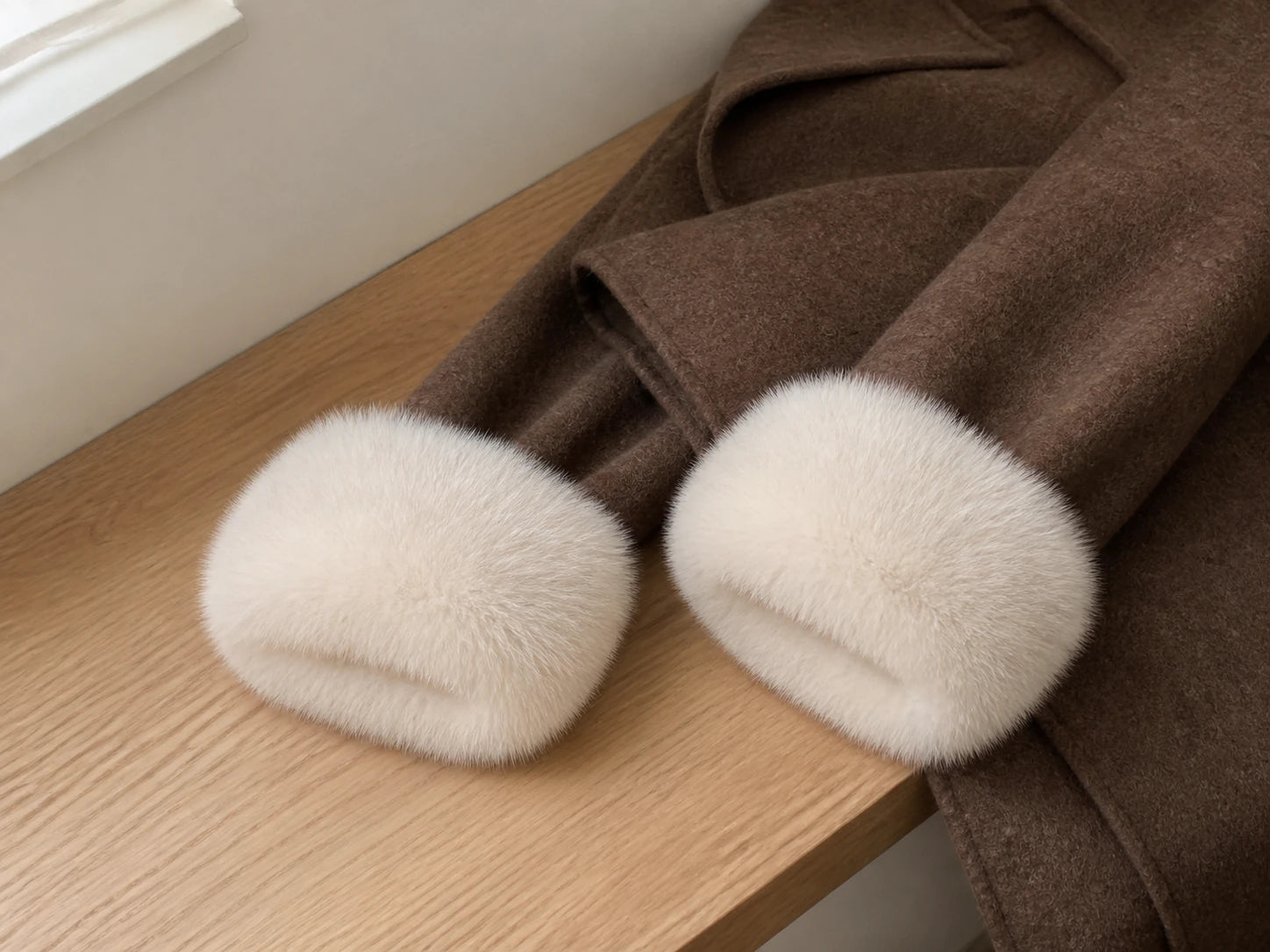 Capricornus Living Cream White removable genuine natural fur coat cuffs styled with a brown wool coat