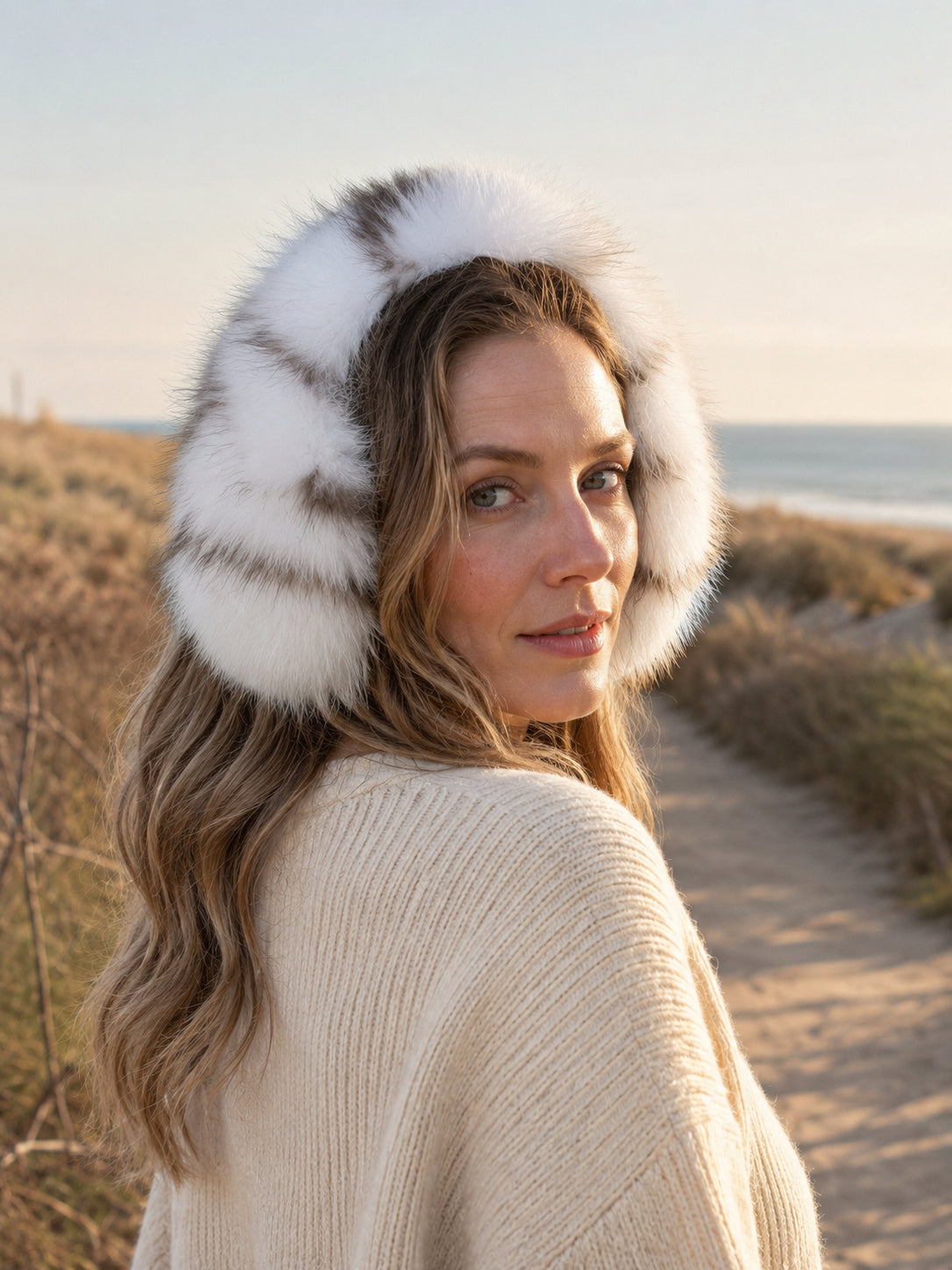 Woman wearing White Leopard fox fur earmuffs on a coastal walk