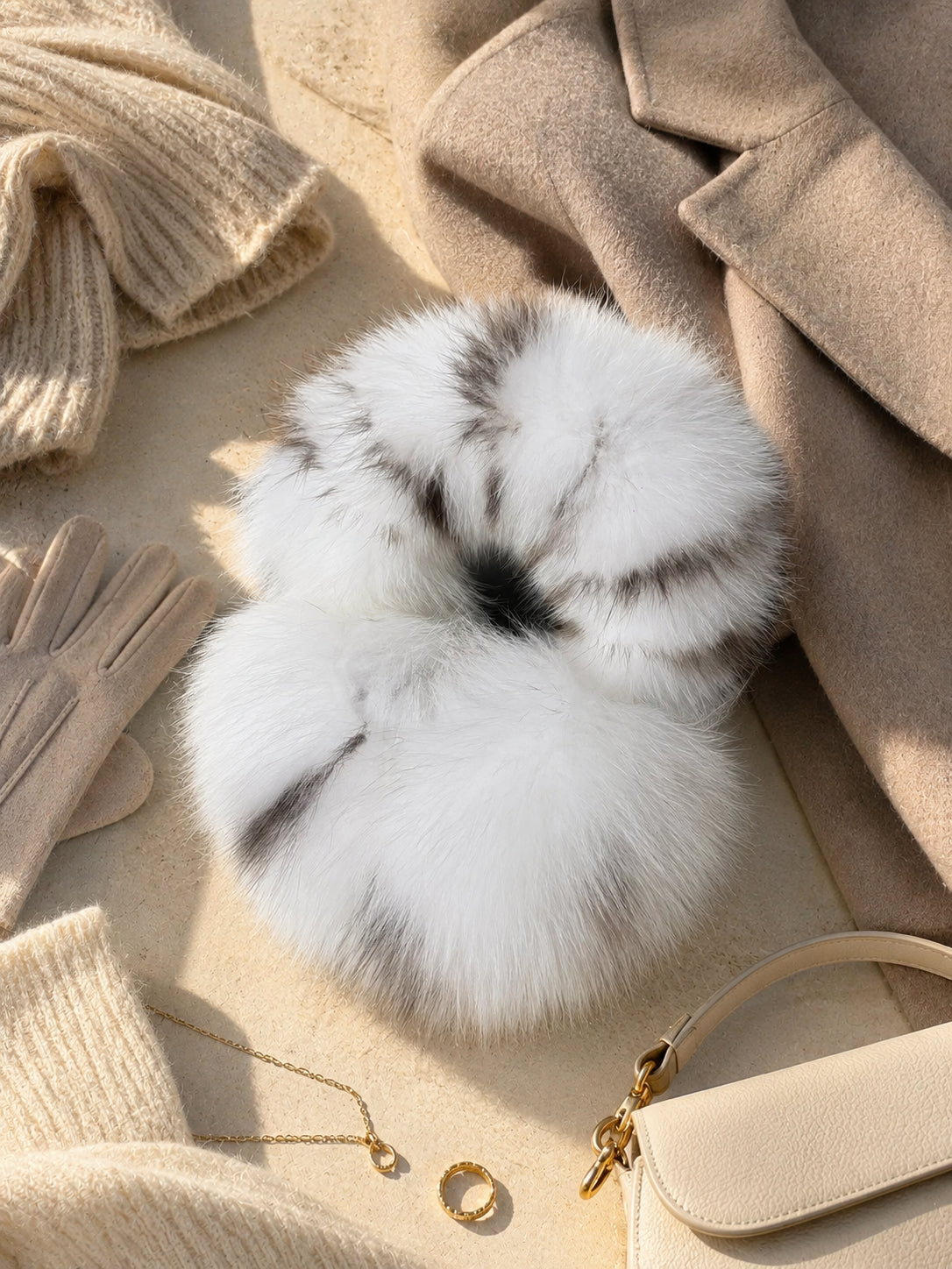 White Leopard fox fur earmuffs styled with neutral winter accessories