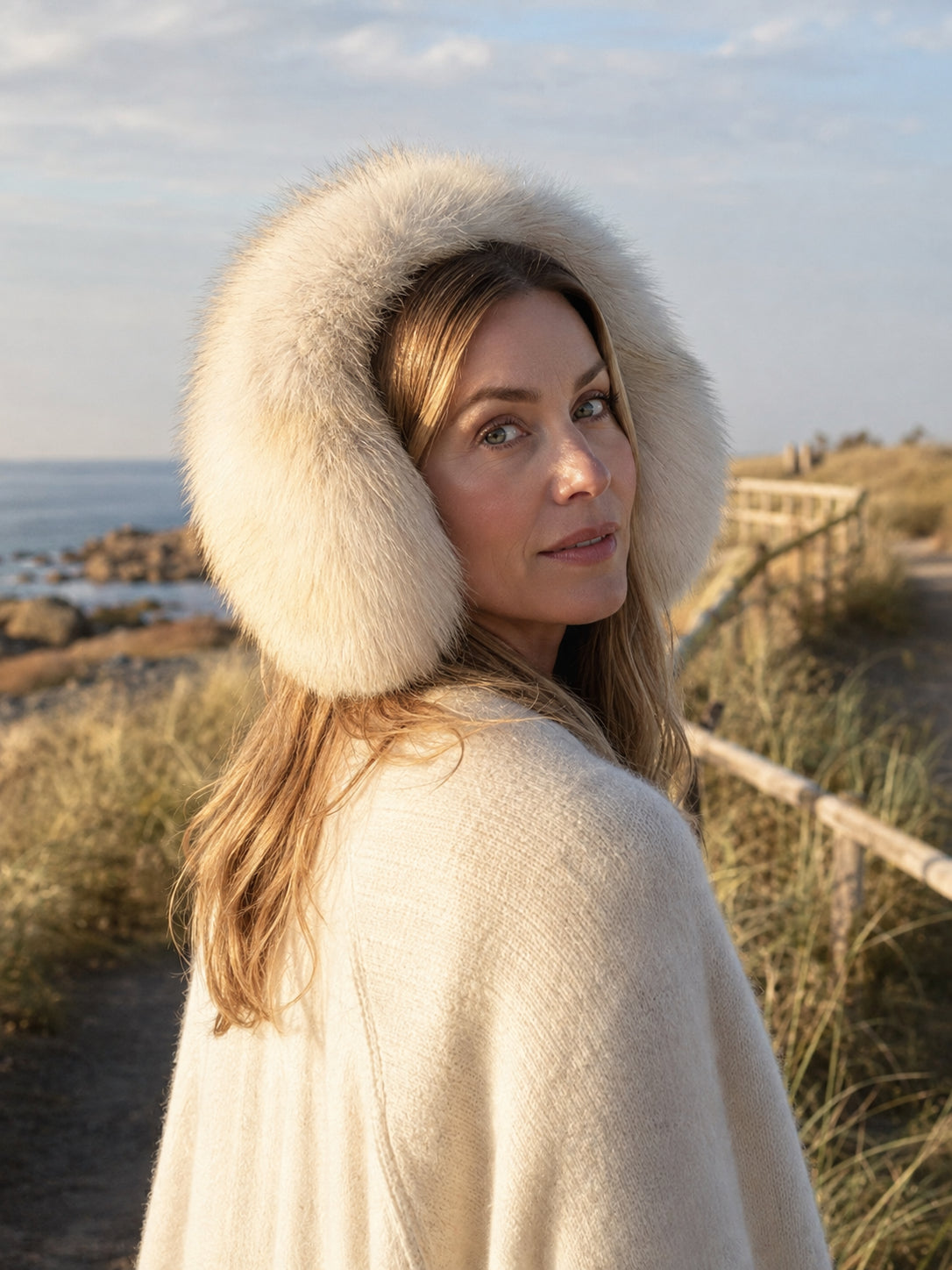 Woman styling Natural Golden Island Fox fur earmuffs on a coastal walk