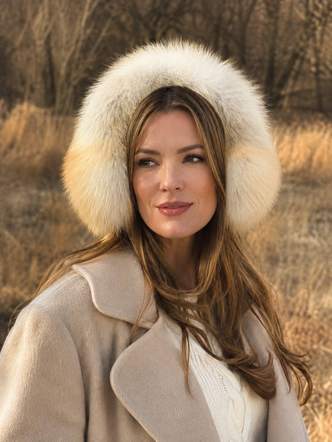 Woman wearing Natural Golden Island Fox fur earmuffs outdoors in winter