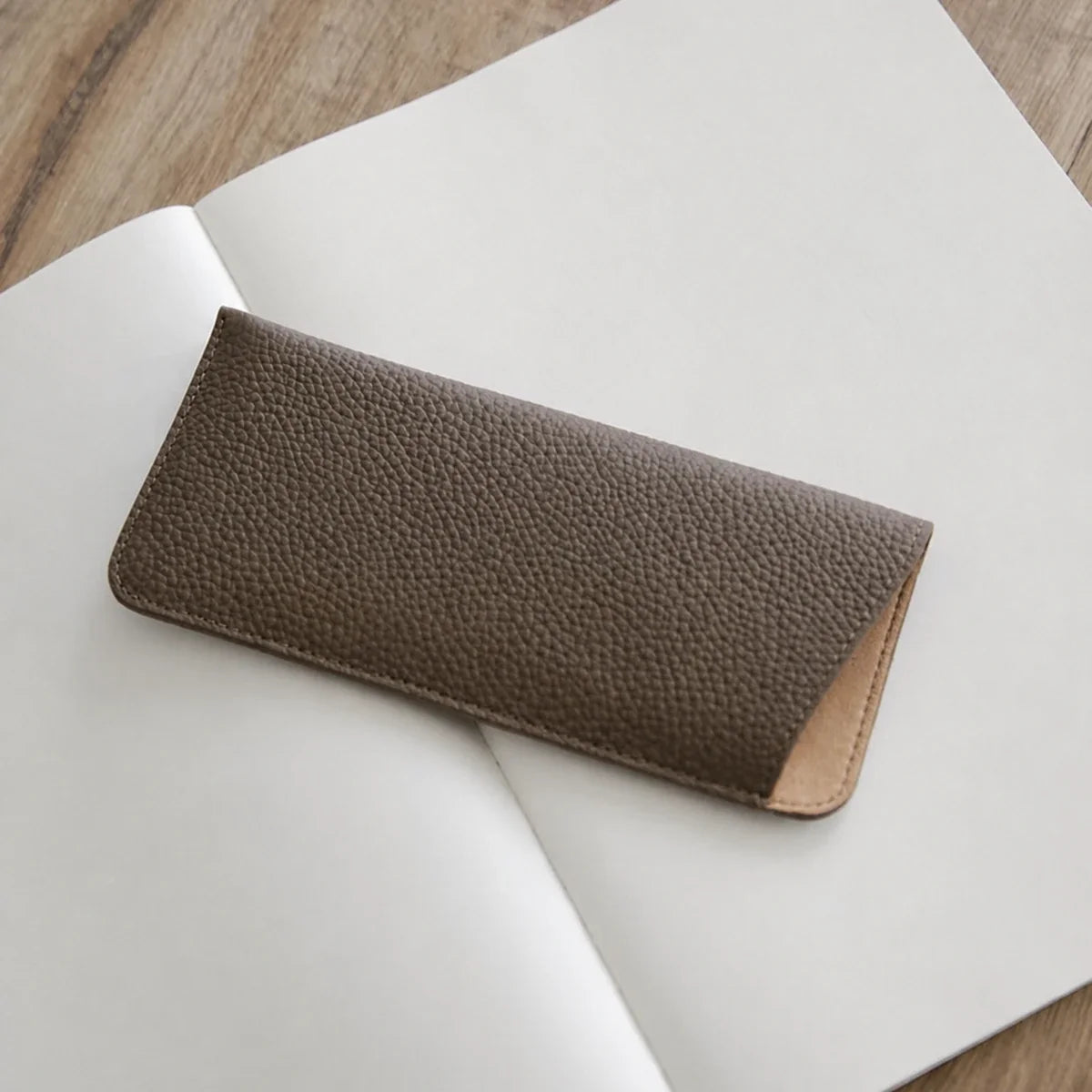 Dove Gray pebbled top-grain cowhide eyeglass sleeve